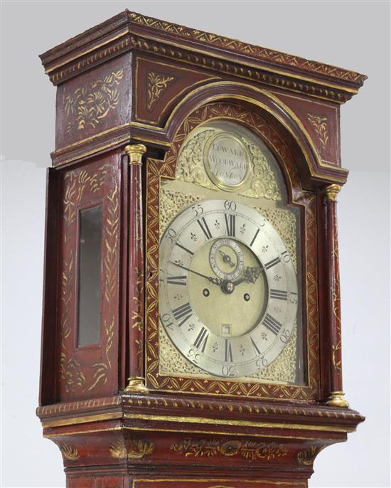 Edward Woodward of London. An early 18th century red chinoiserie lacquered eight day longcase clock, 7ft 3in.